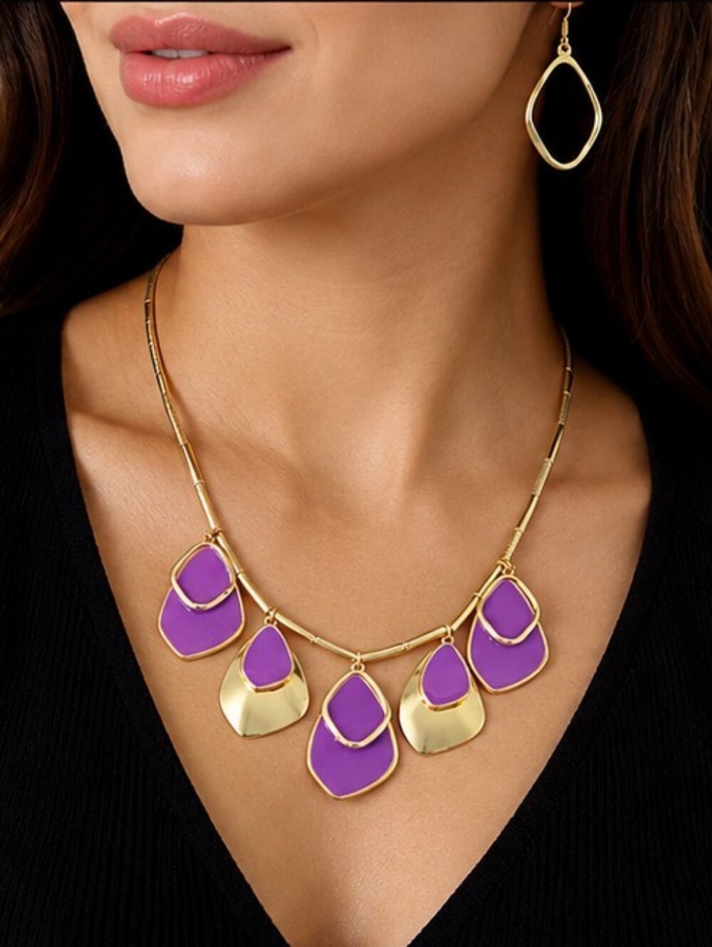 Boutique Orchid Enamel Statement Necklace Earrings Set Gold Tone Geometric NOS